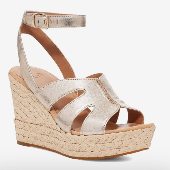 UGG Shoes - Ugg ankle strap wedges with metallic leather straps and raffia espadrille wedge